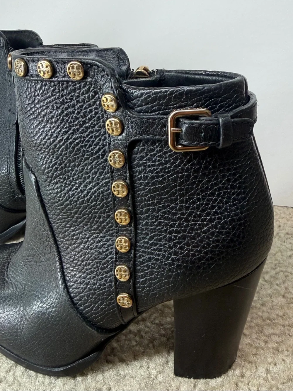 Tory Burch Black Pebbled Leather Studded Ankle Boots  5M